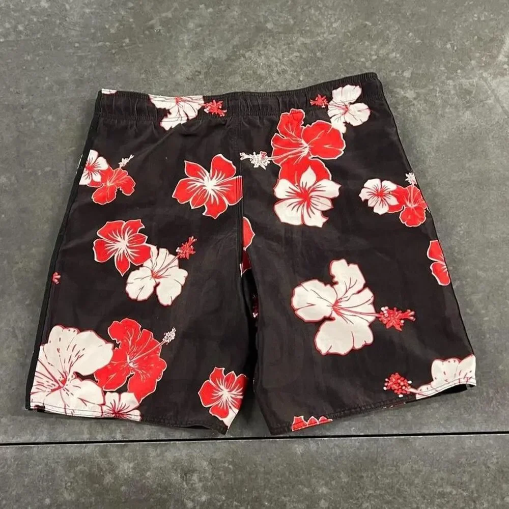 Adidas Floral Hibiscus Board Shorts Black Red White Swim Trunks Size 32